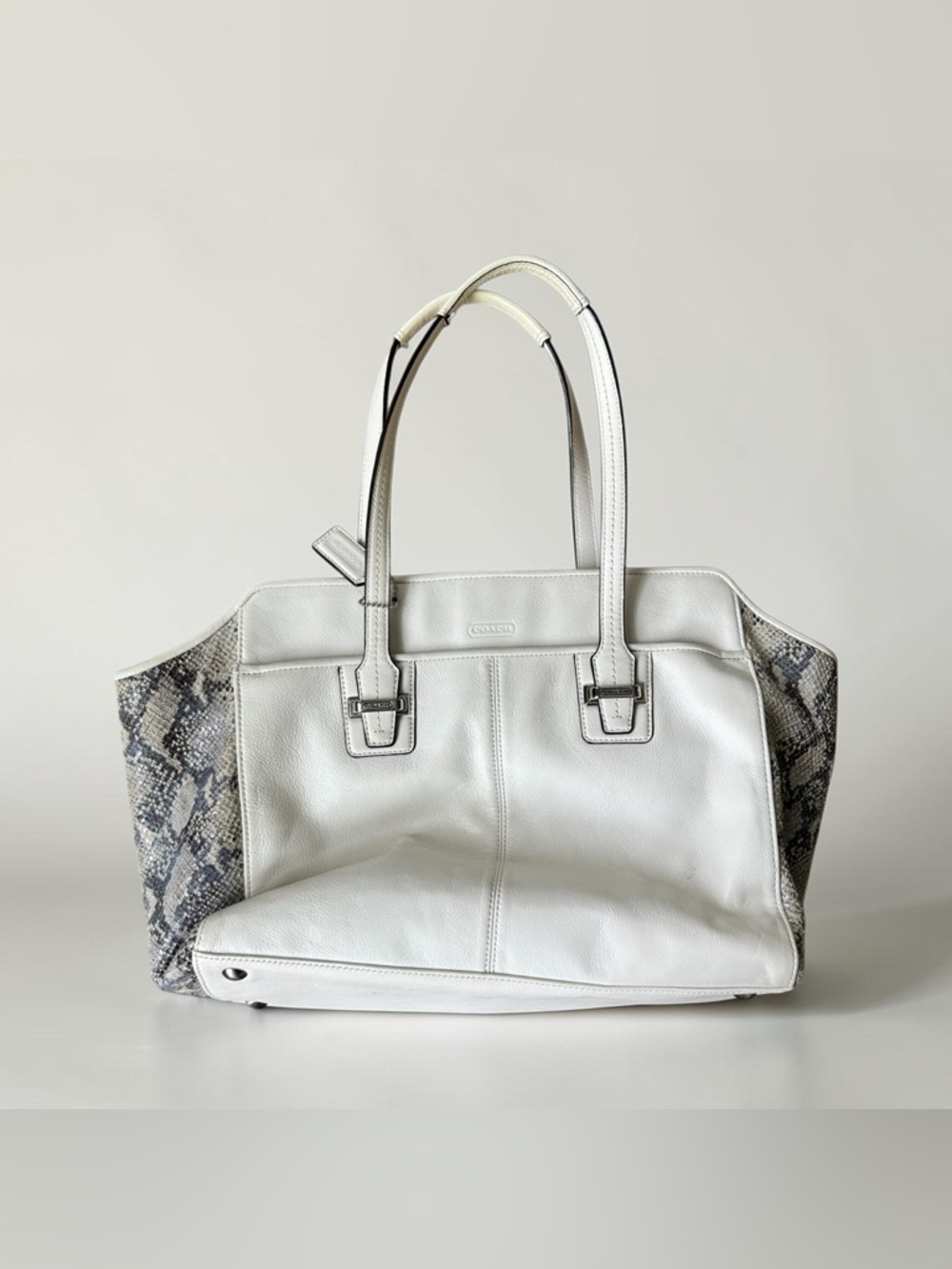 Coach White Leather Satchel Tote w/ Snakeskin Trim Shoulder Bag Structured Class